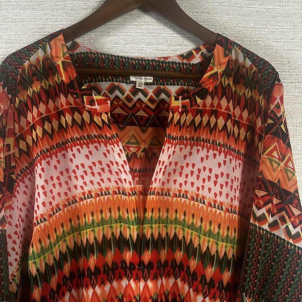Antilia Femme Blouse Women 2X Sheer Aztec Deep V Neck Western Bohemian - Picture 4 of 14